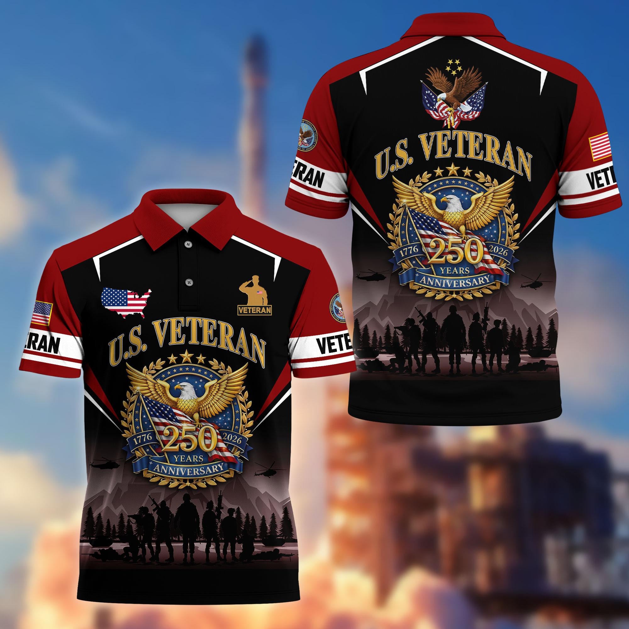 Premium America 250th Anniversary US Veteran Polo Shirt, Gifts for U.S. Veterans, Gifts for Independence Day, Veterans Day