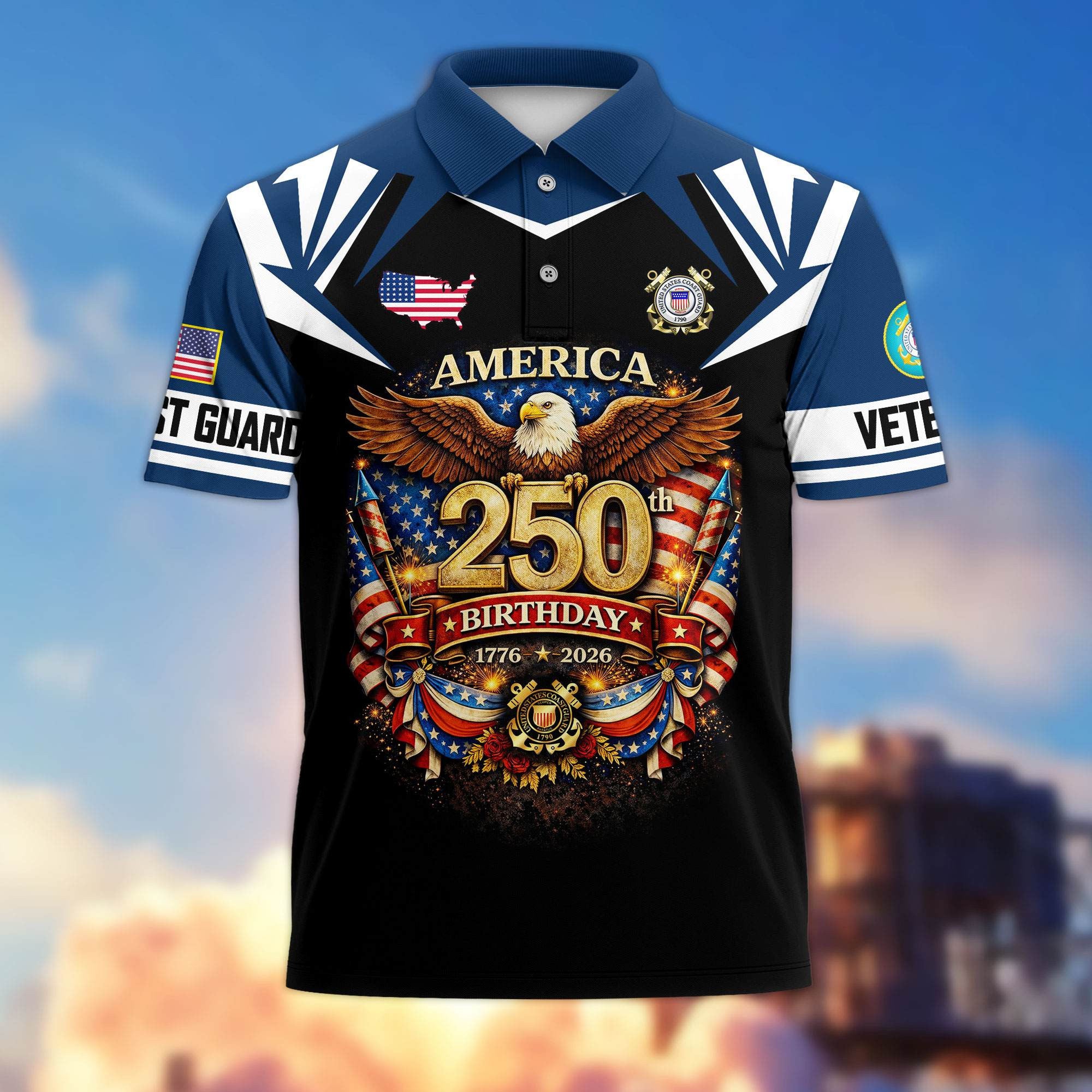 Premium America 250th Anniversary US Veteran Polo Shirt, Gifts for U.S. Veterans, Gifts for Independence Day, Veterans Day
