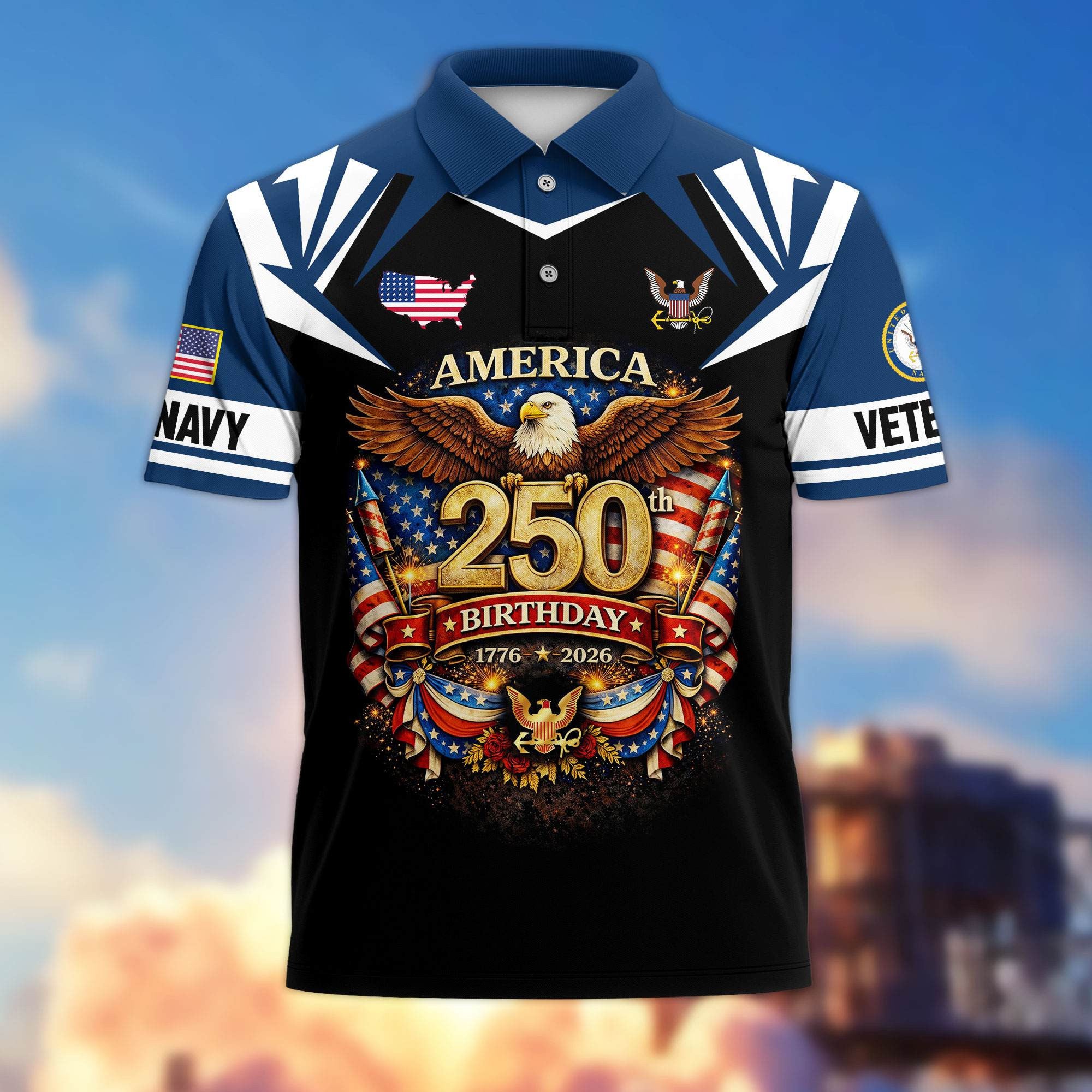 Premium America 250th Anniversary US Veteran Polo Shirt, Gifts for U.S. Veterans, Gifts for Independence Day, Veterans Day