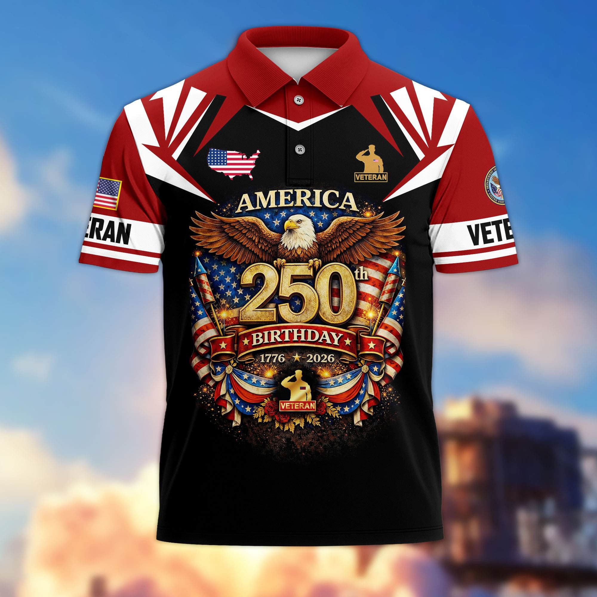 Premium America 250th Anniversary US Veteran Polo Shirt, Gifts for U.S. Veterans, Gifts for Independence Day, Veterans Day