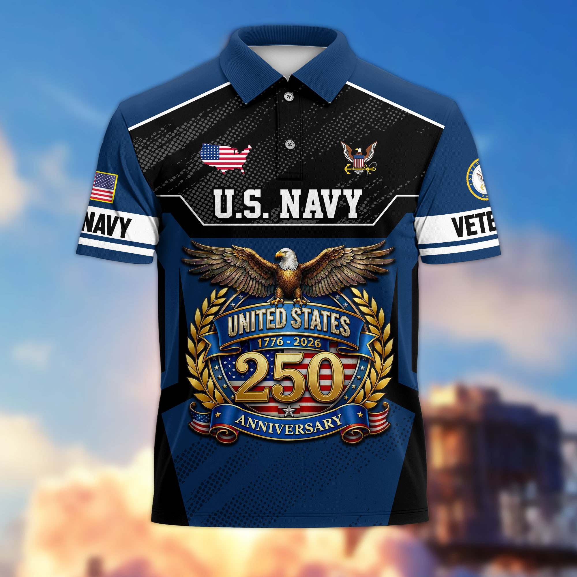 Premium America 250th Anniversary US Veteran Polo Shirt, Gifts for U.S. Veterans, Gifts for Independence Day, Veterans Day