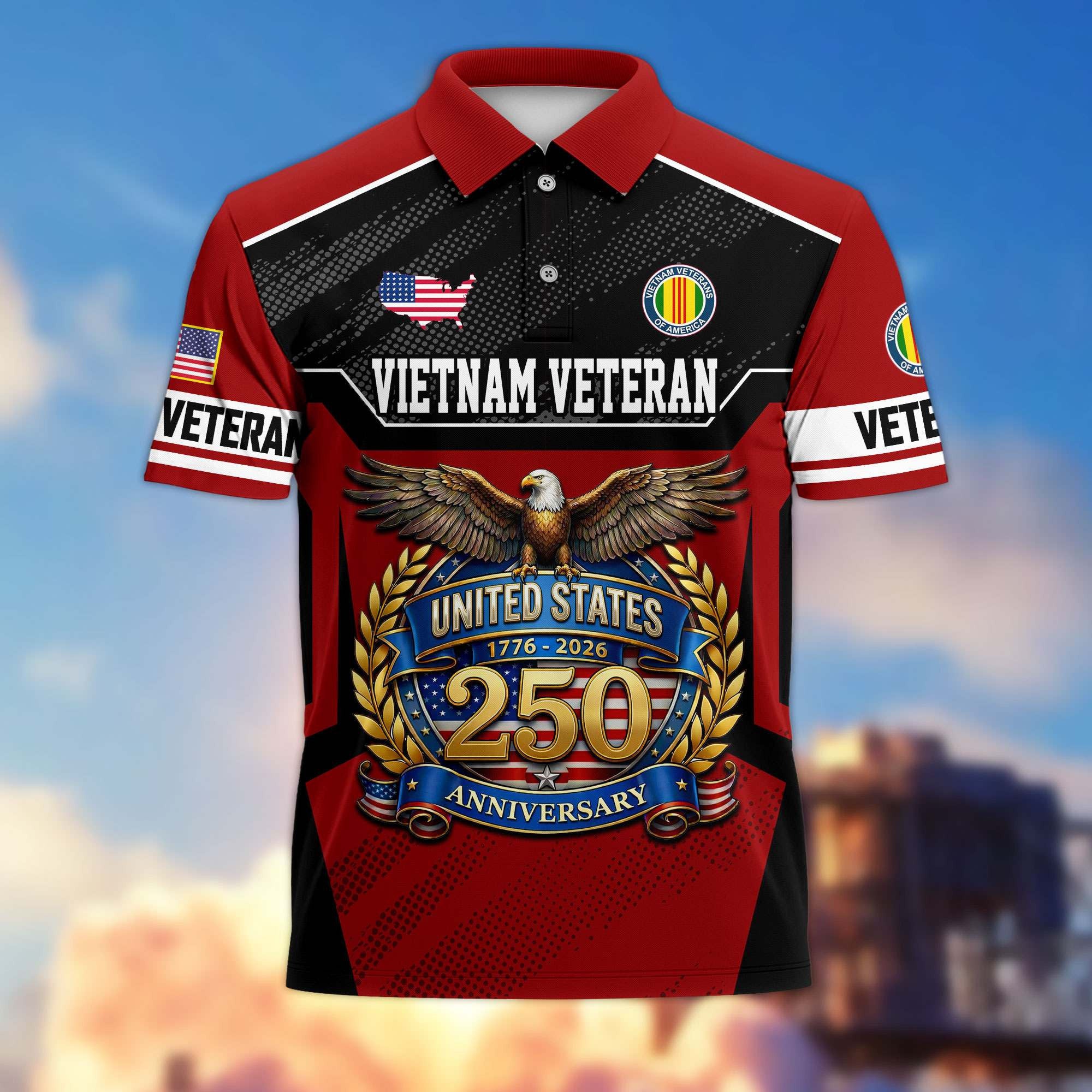 Premium America 250th Anniversary US Veteran Polo Shirt, Gifts for U.S. Veterans, Gifts for Independence Day, Veterans Day