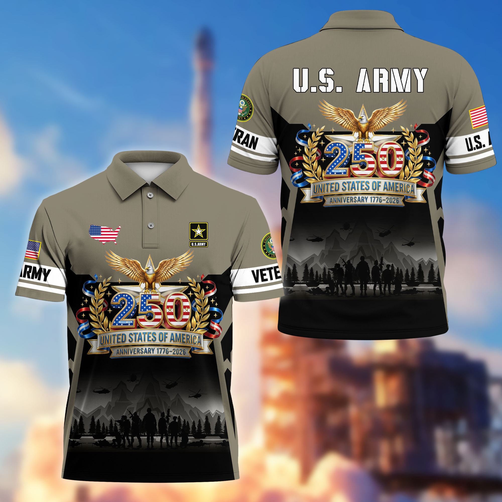 Premium America 250th Anniversary US Veteran Polo Shirt, Gifts for U.S. Veterans, Gifts for Independence Day, Veterans Day