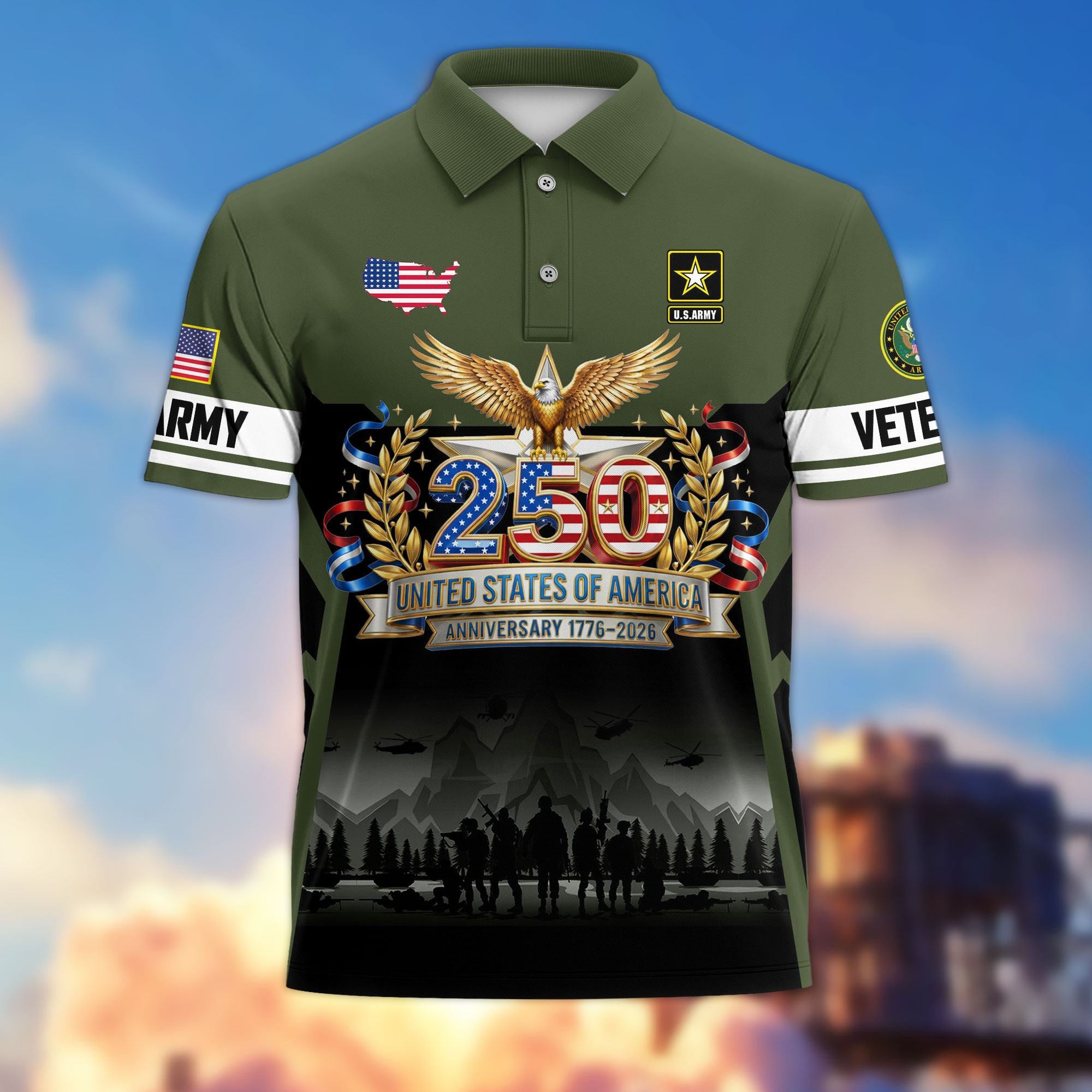 Premium America 250th Anniversary US Veteran Polo Shirt, Gifts for U.S. Veterans, Gifts for Independence Day, Veterans Day