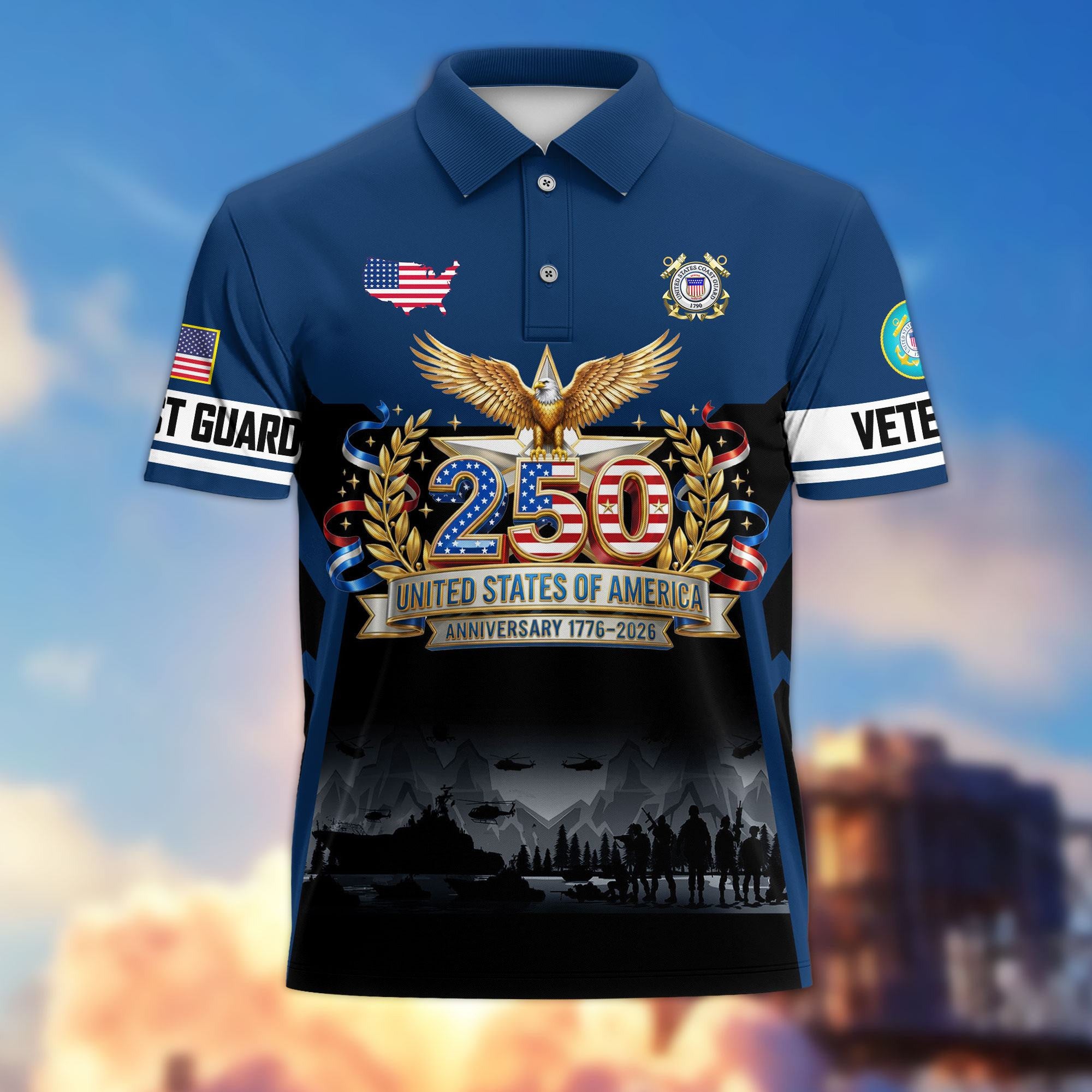 Premium America 250th Anniversary US Veteran Polo Shirt, Gifts for U.S. Veterans, Gifts for Independence Day, Veterans Day
