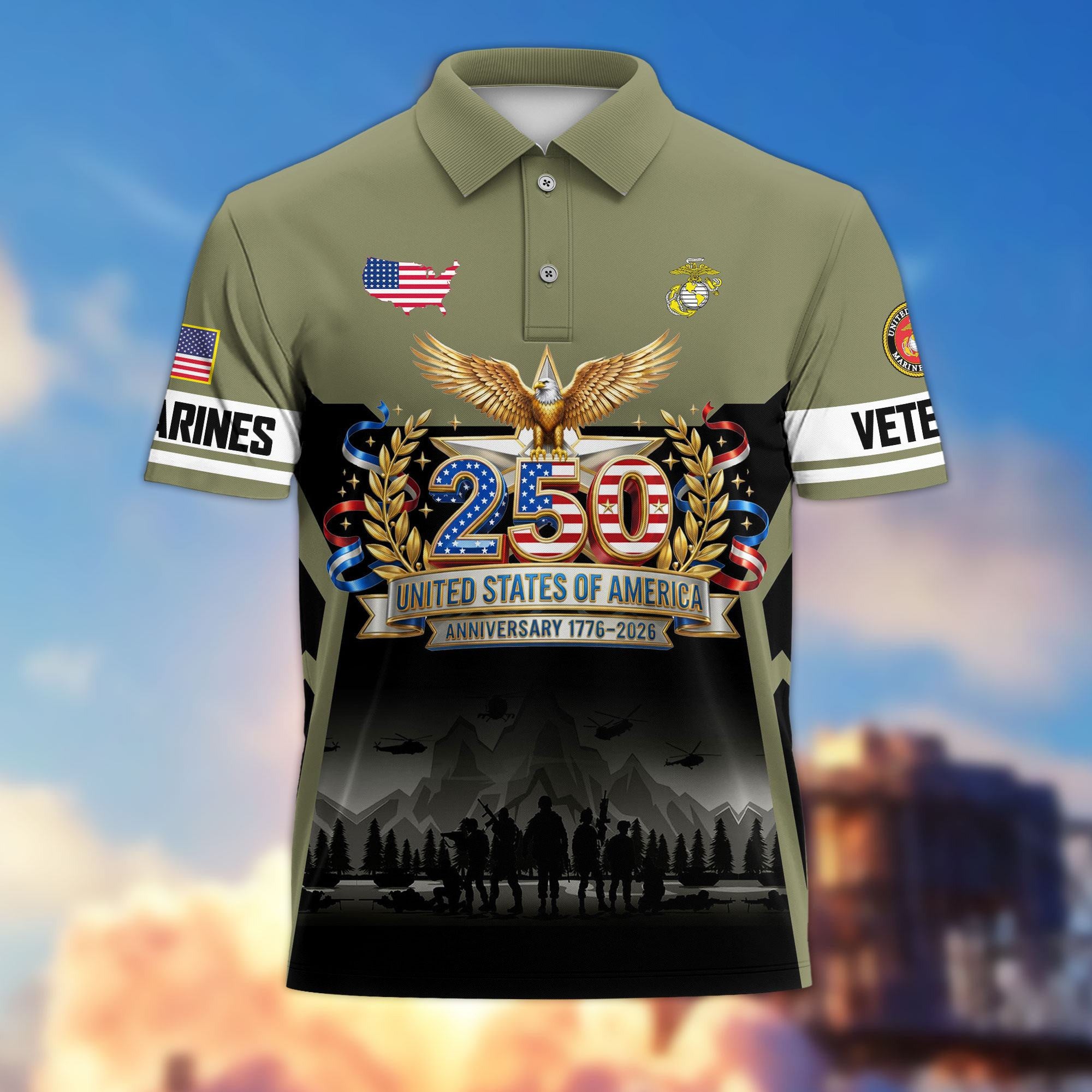 Premium America 250th Anniversary US Veteran Polo Shirt, Gifts for U.S. Veterans, Gifts for Independence Day, Veterans Day