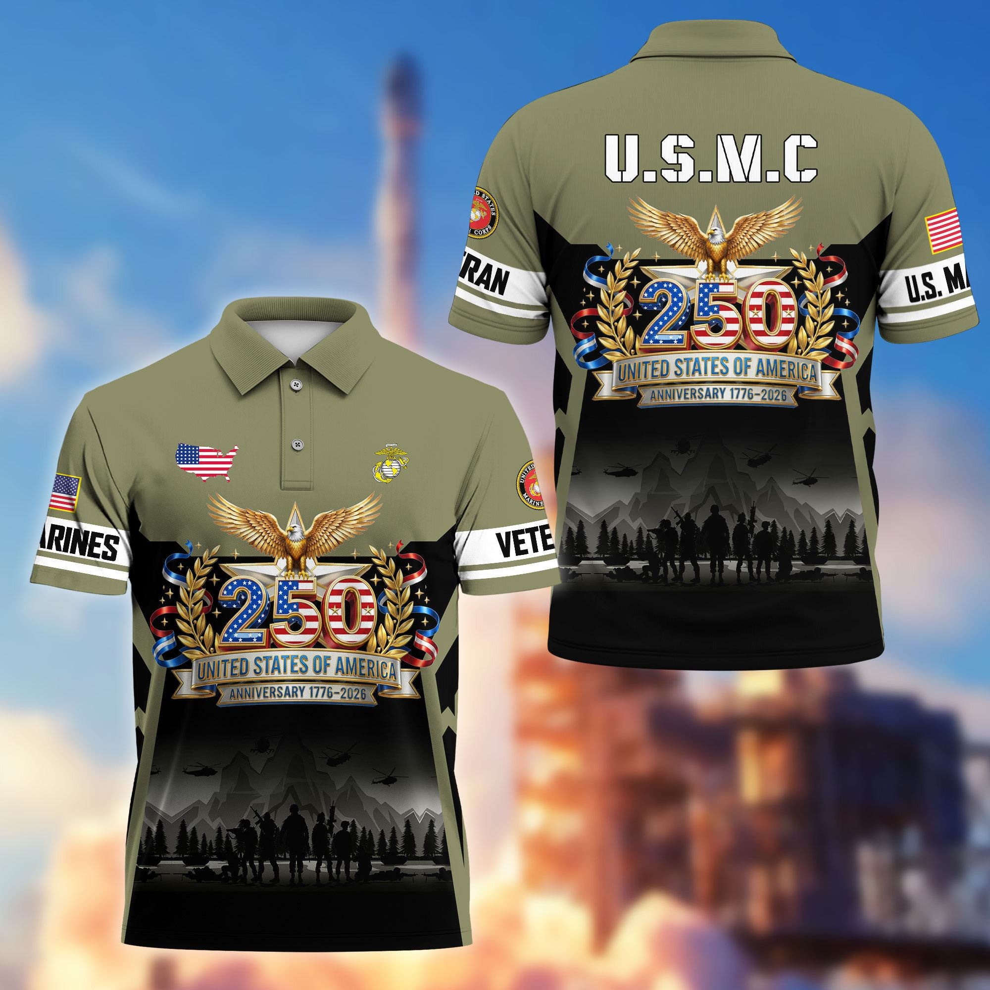 Premium America 250th Anniversary US Veteran Polo Shirt, Gifts for U.S. Veterans, Gifts for Independence Day, Veterans Day