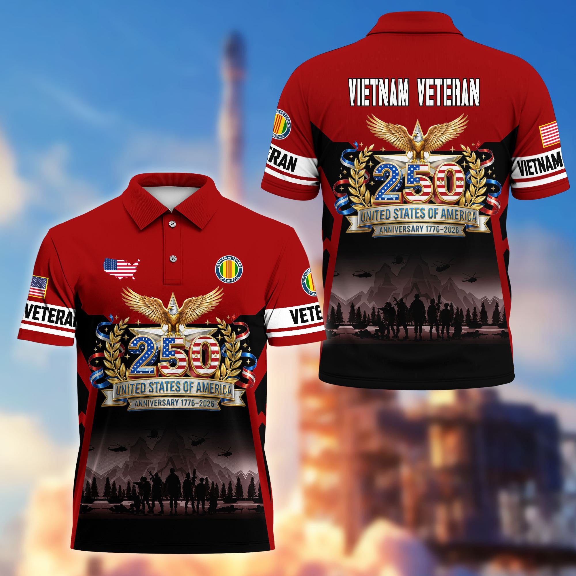 Premium America 250th Anniversary US Veteran Polo Shirt, Gifts for U.S. Veterans, Gifts for Independence Day, Veterans Day