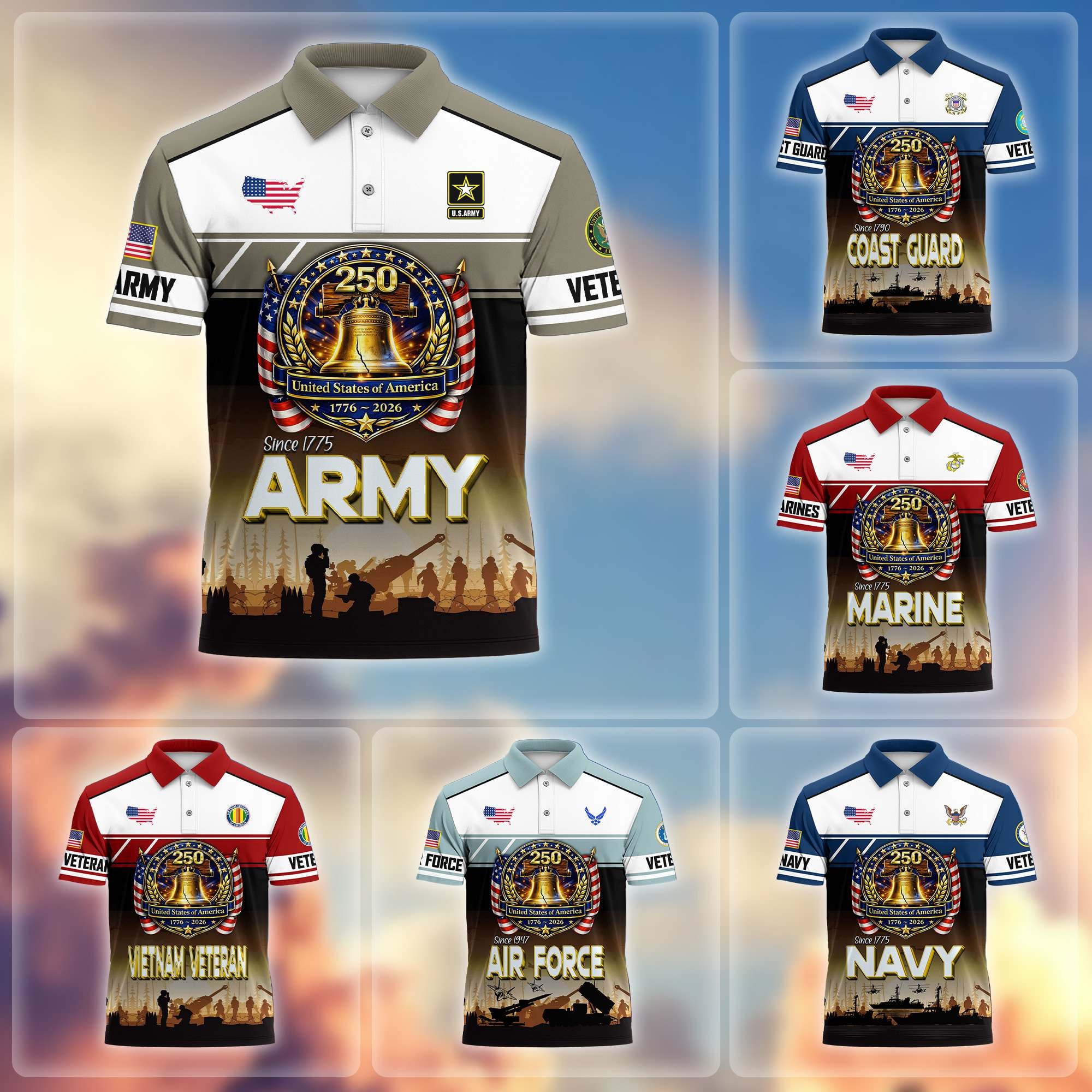 Premium America 250th Anniversary US Veteran Polo Shirt, Gifts for U.S. Veterans, Gifts for Independence Day, Veterans Day