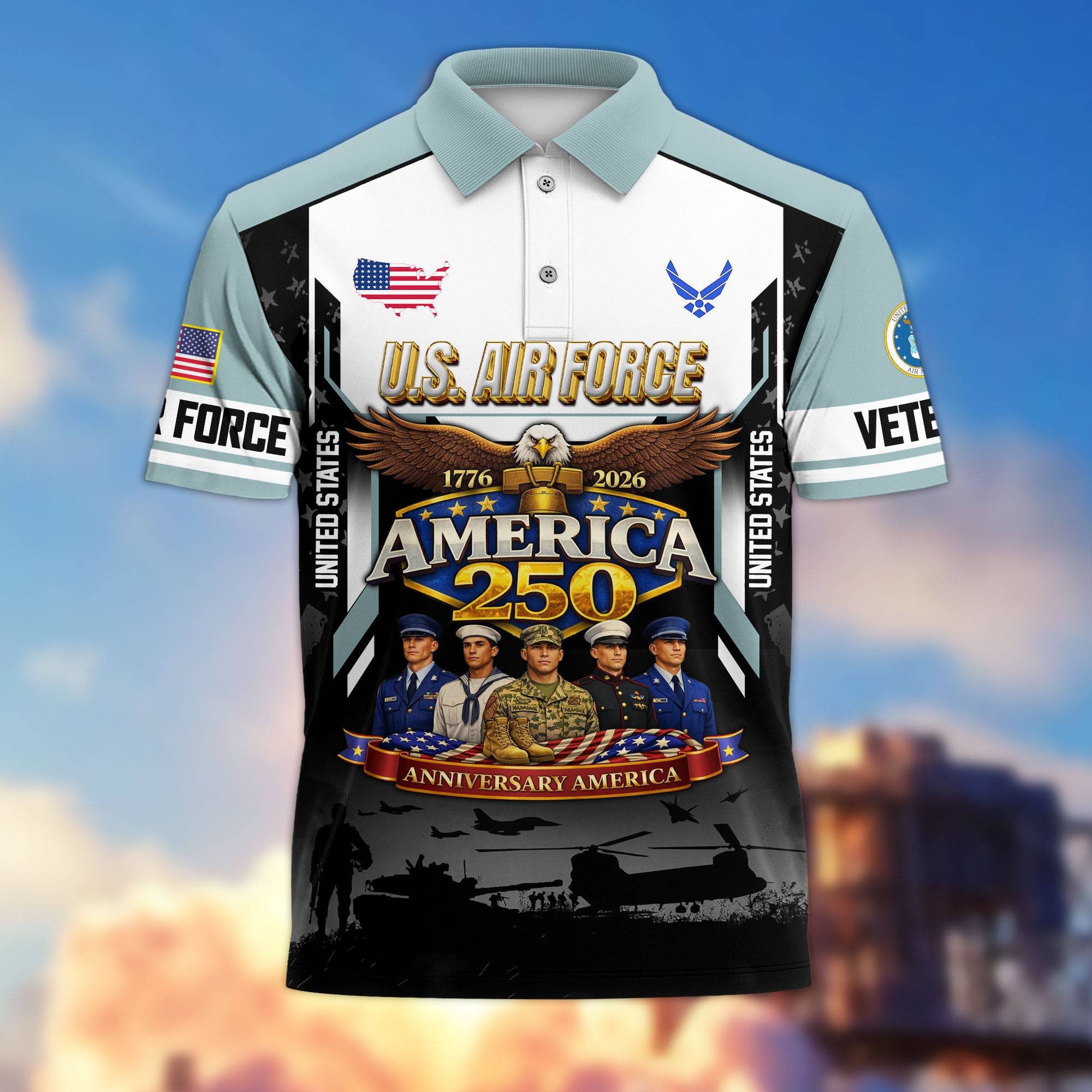 Premium America 250th Anniversary US Veteran Polo Shirt, Gifts for U.S. Veterans, Gifts for Independence Day, Veterans Day