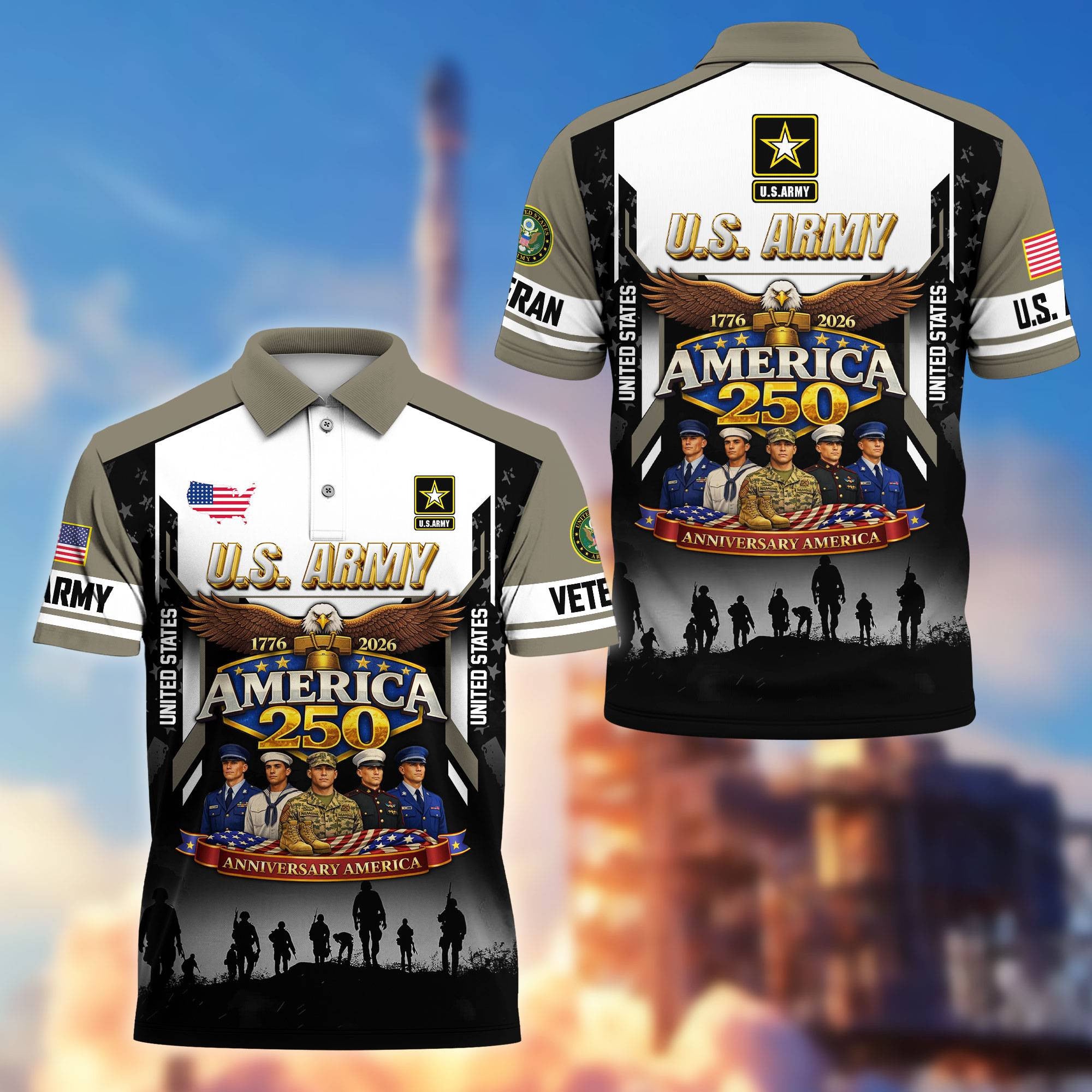 Premium America 250th Anniversary US Veteran Polo Shirt, Gifts for U.S. Veterans, Gifts for Independence Day, Veterans Day