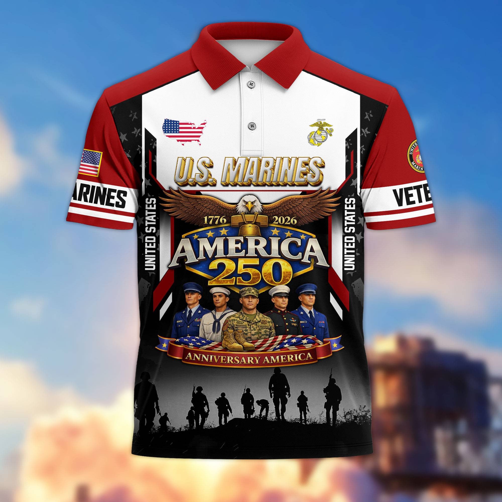 Premium America 250th Anniversary US Veteran Polo Shirt, Gifts for U.S. Veterans, Gifts for Independence Day, Veterans Day