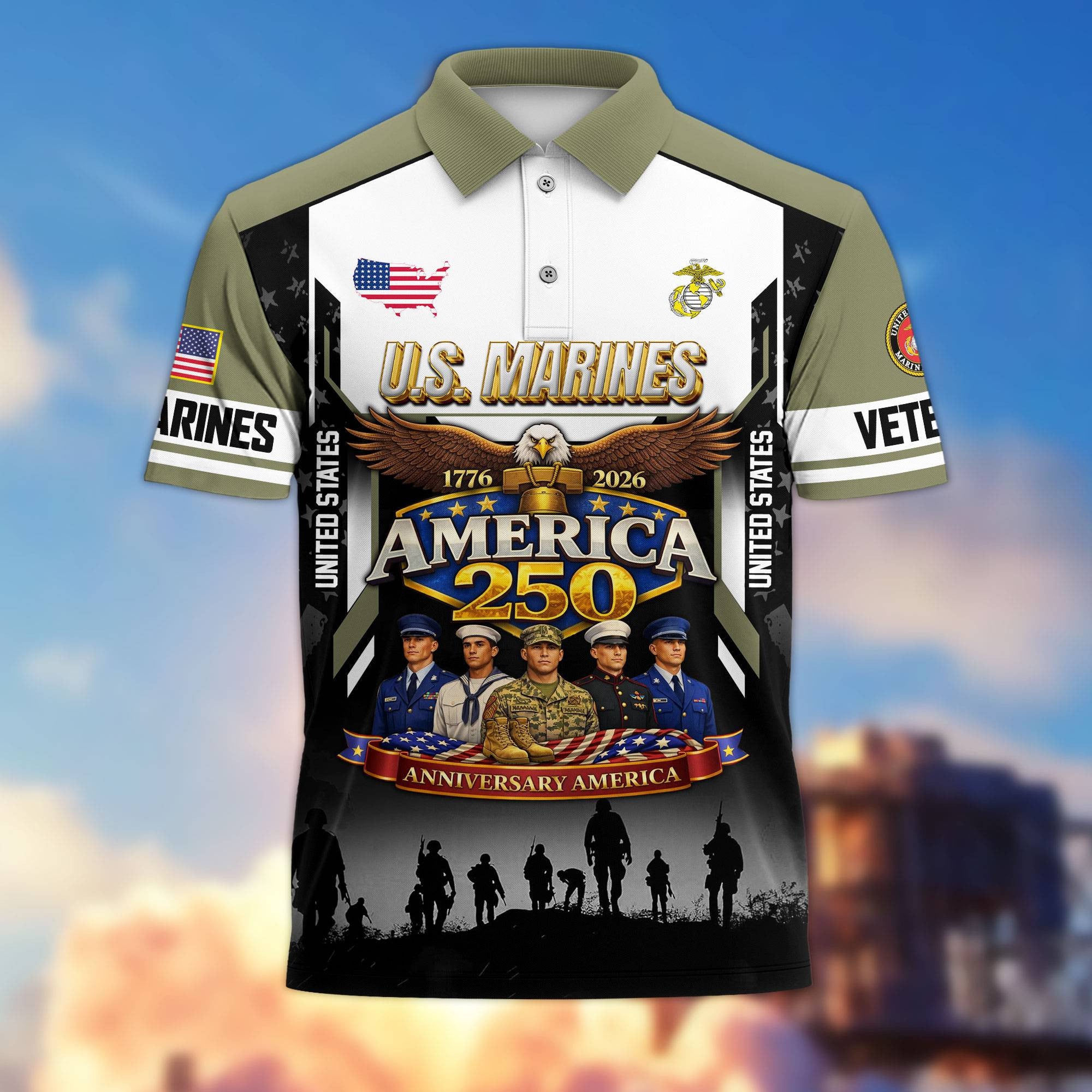 Premium America 250th Anniversary US Veteran Polo Shirt, Gifts for U.S. Veterans, Gifts for Independence Day, Veterans Day