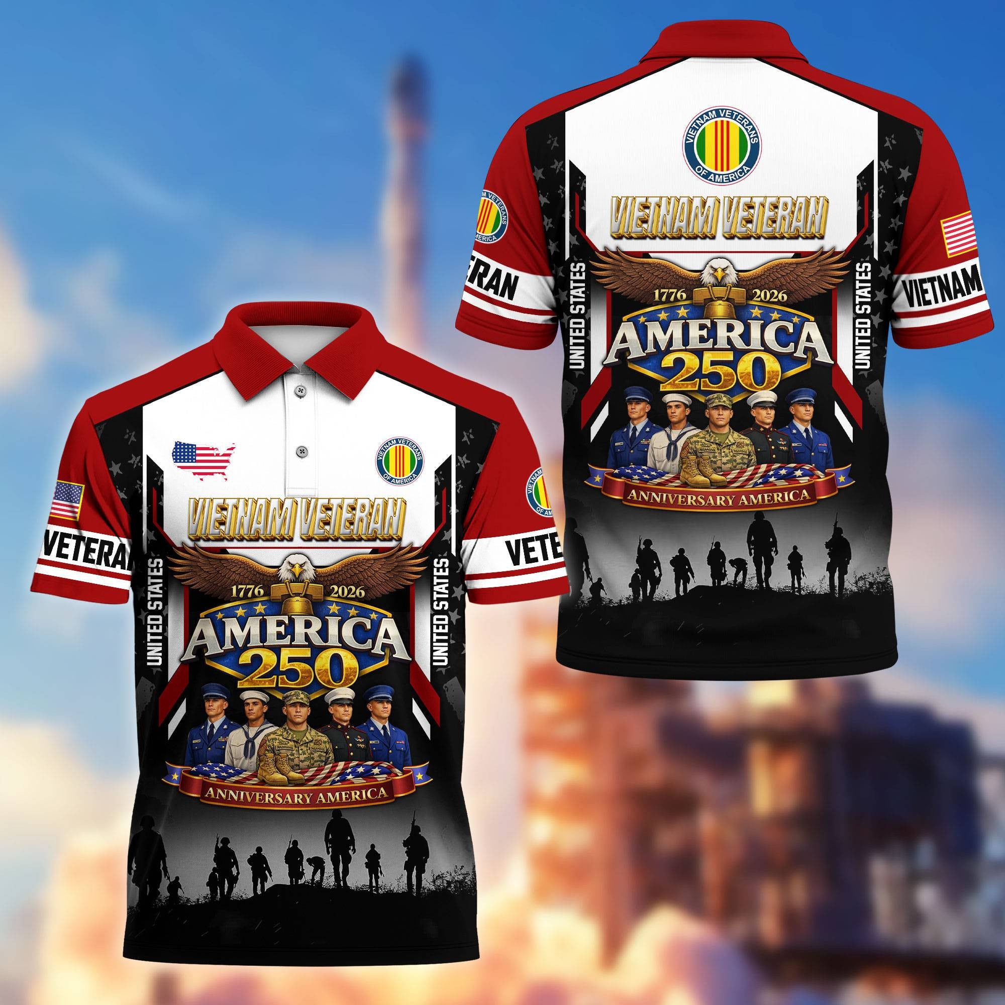 Premium America 250th Anniversary US Veteran Polo Shirt, Gifts for U.S. Veterans, Gifts for Independence Day, Veterans Day