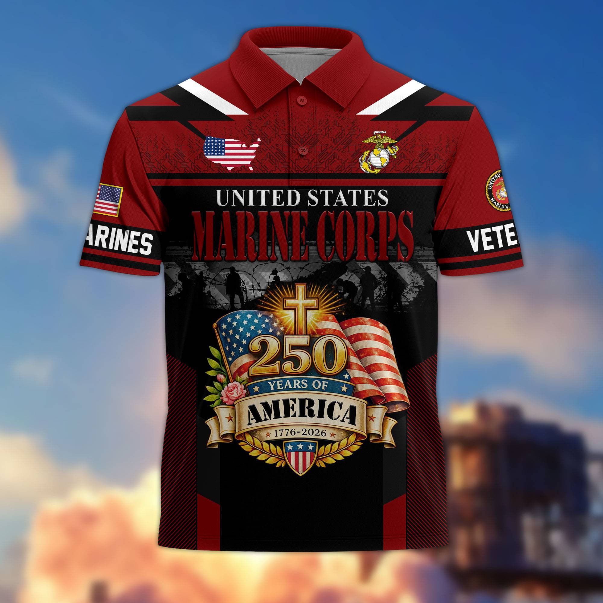 Premium America 250th Anniversary US Veteran Polo Shirt, Gifts for U.S. Veterans, Gifts for Independence Day, Veterans Day