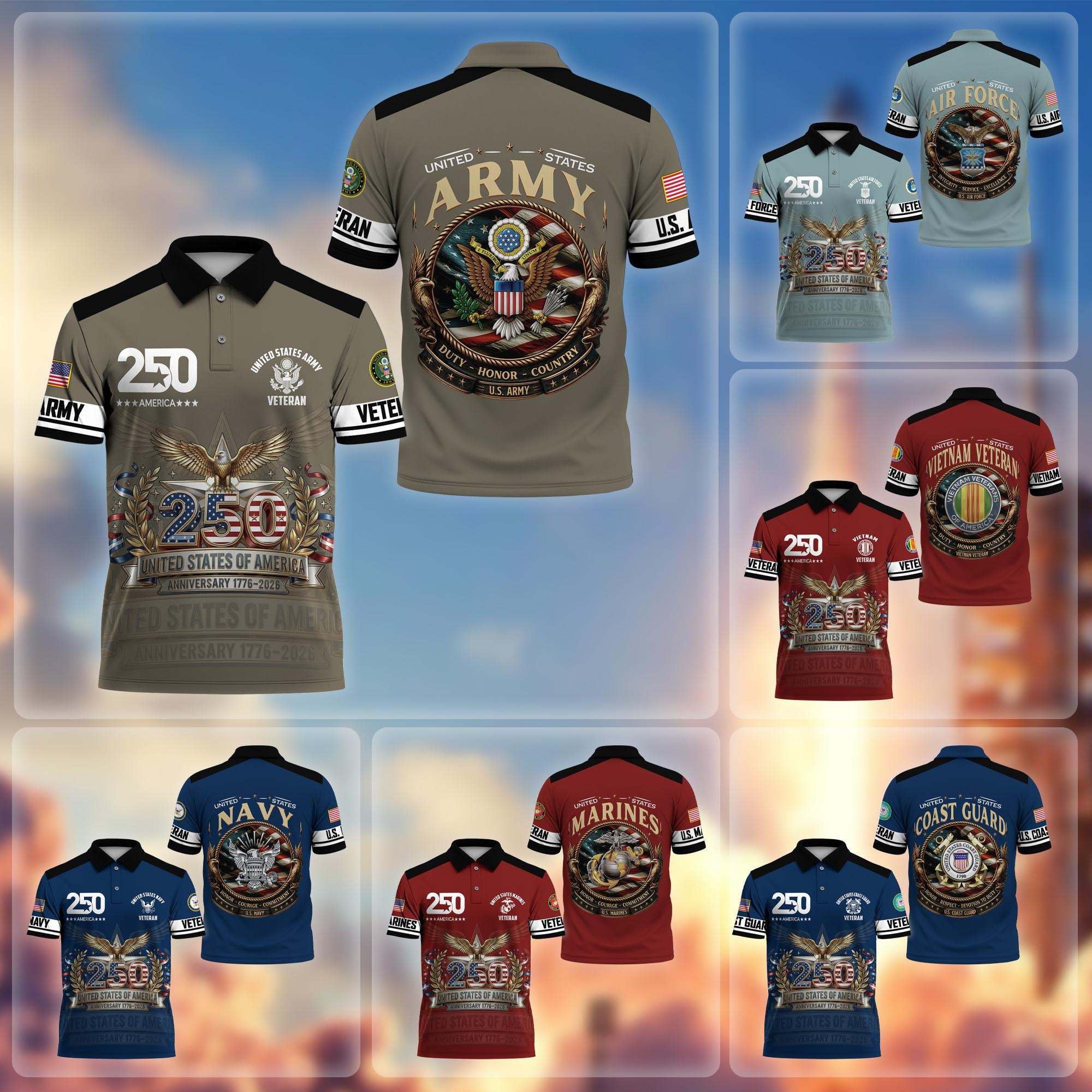 Premium America 250th Anniversary US Veteran Polo Shirt, Gifts for U.S. Veterans, Gifts for Independence Day, Veterans Day