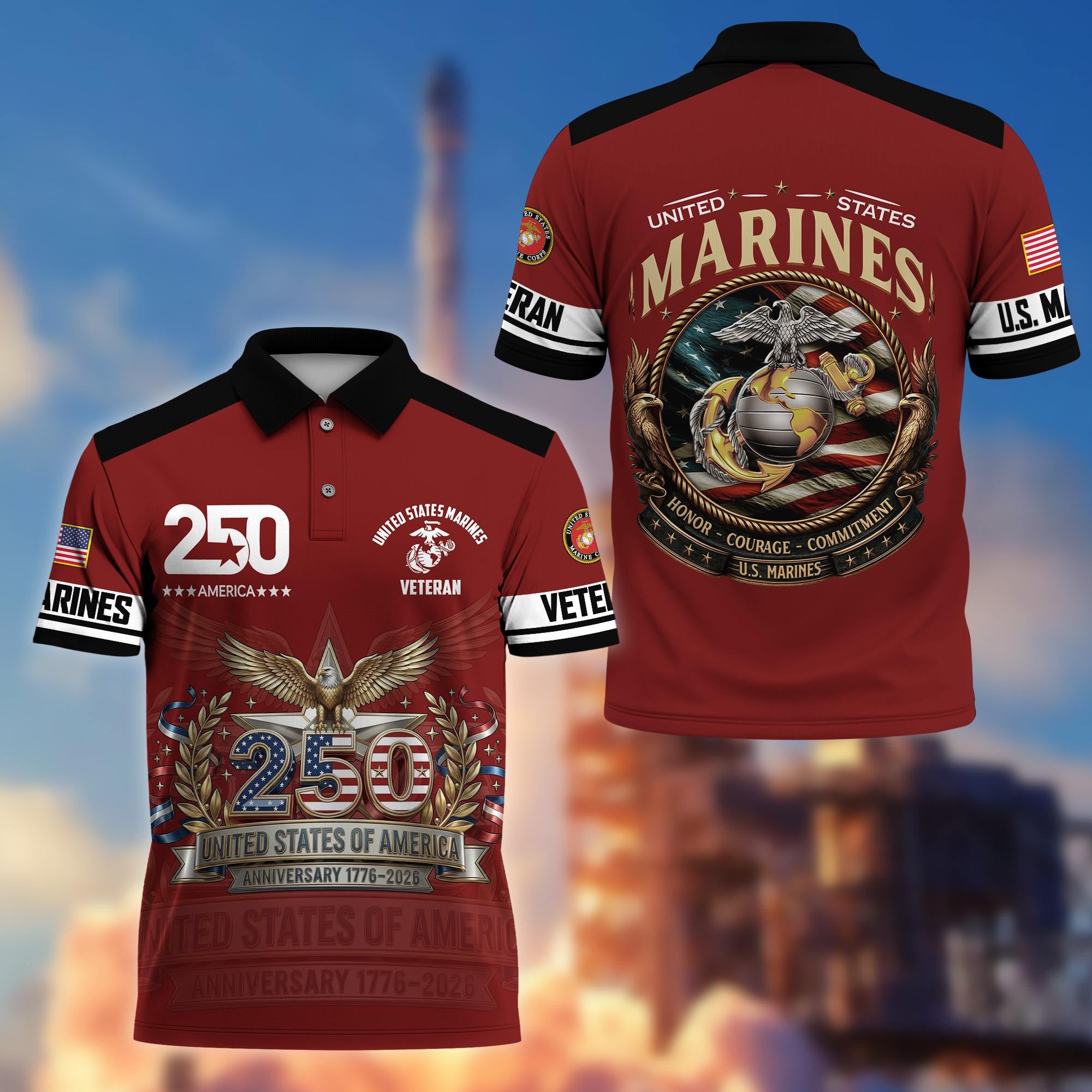Premium America 250th Anniversary US Veteran Polo Shirt, Gifts for U.S. Veterans, Gifts for Independence Day, Veterans Day