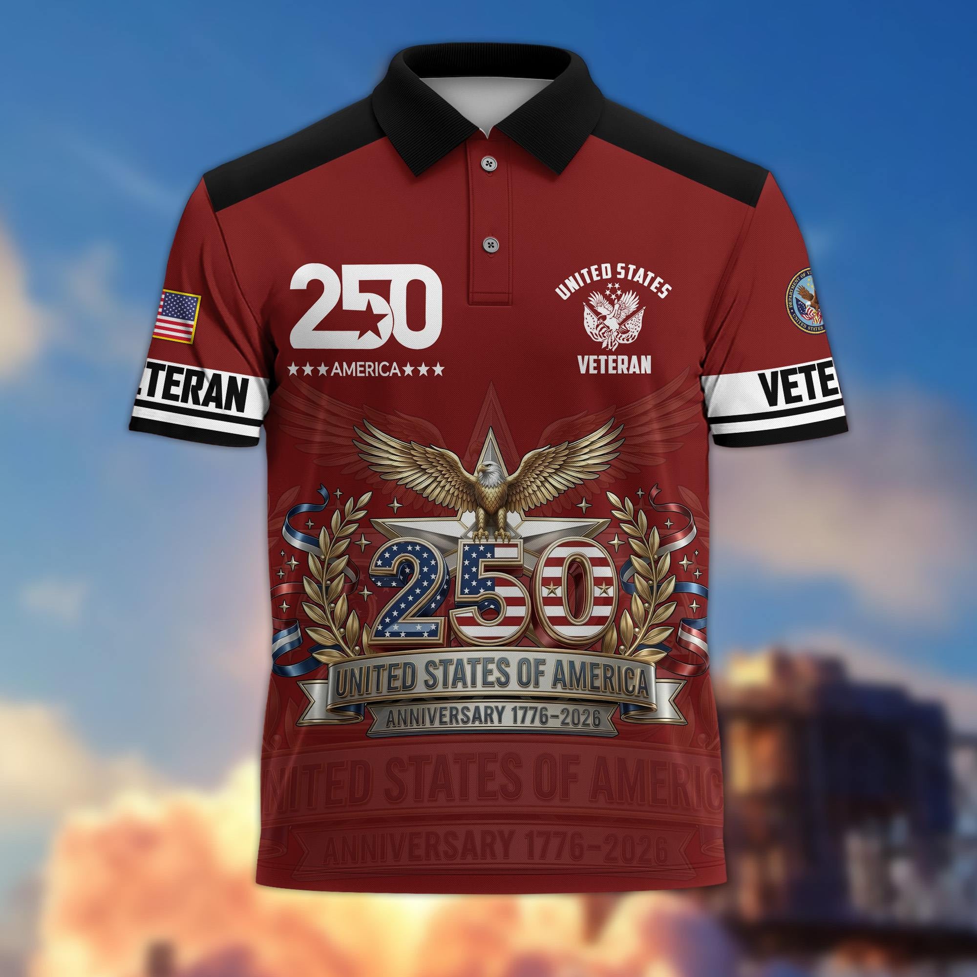 Premium America 250th Anniversary US Veteran Polo Shirt, Gifts for U.S. Veterans, Gifts for Independence Day, Veterans Day