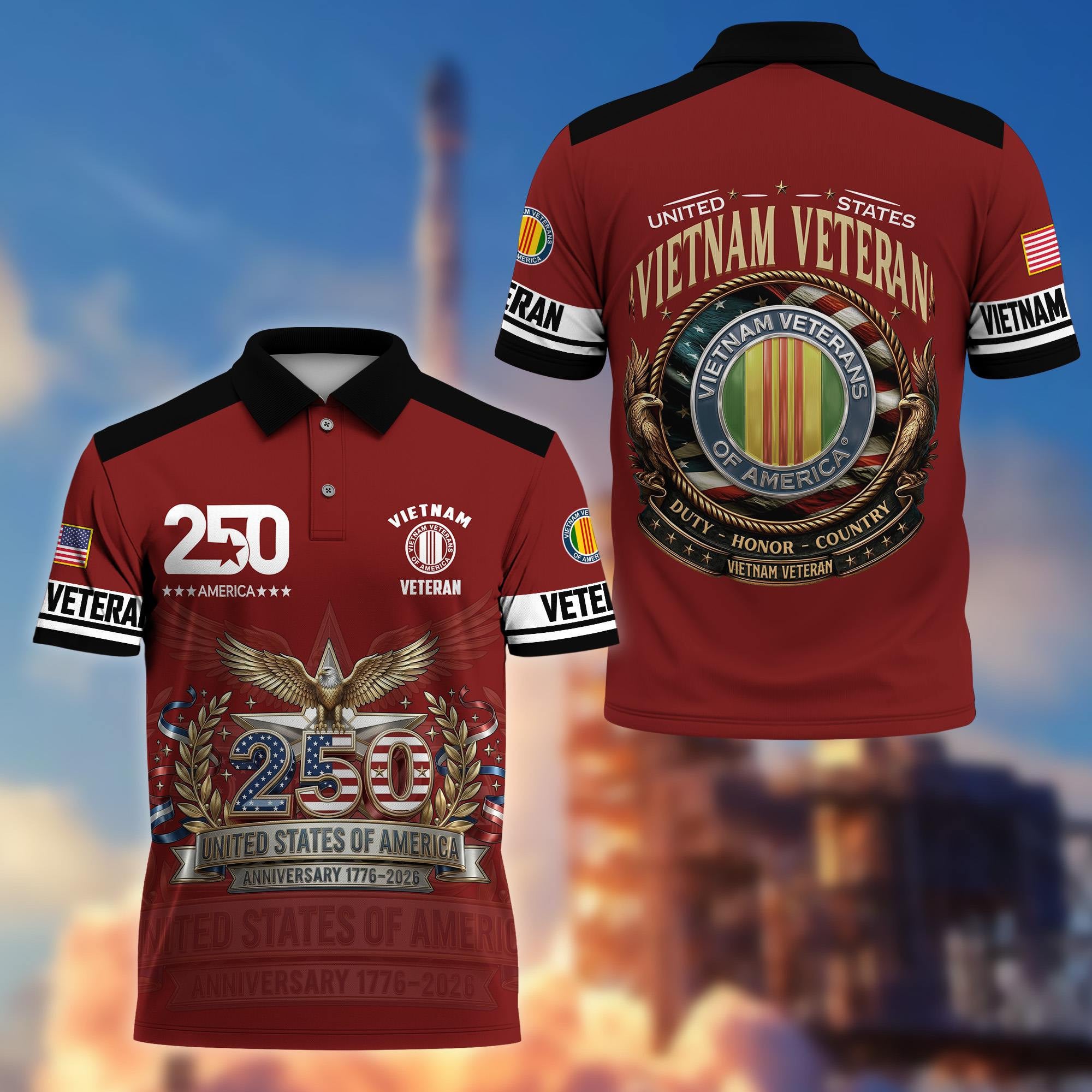 Premium America 250th Anniversary US Veteran Polo Shirt, Gifts for U.S. Veterans, Gifts for Independence Day, Veterans Day