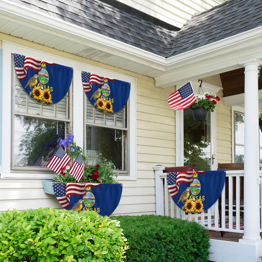 Kansas State Sunflower and Meadowlark Bird Non-Pleated Fan Flag