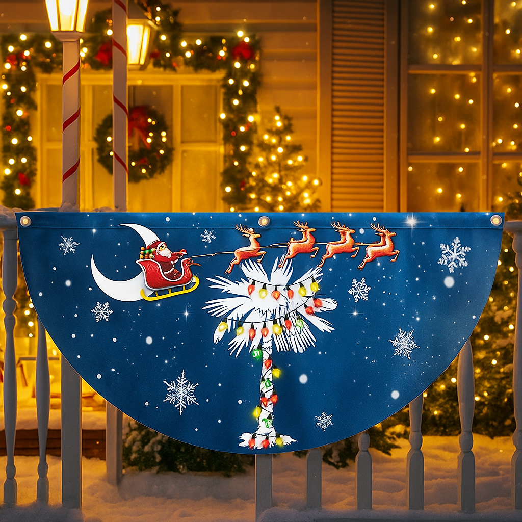 South Carolina Christmas Fan Flag - Santa & Palm Tree Non-Pleated Décor