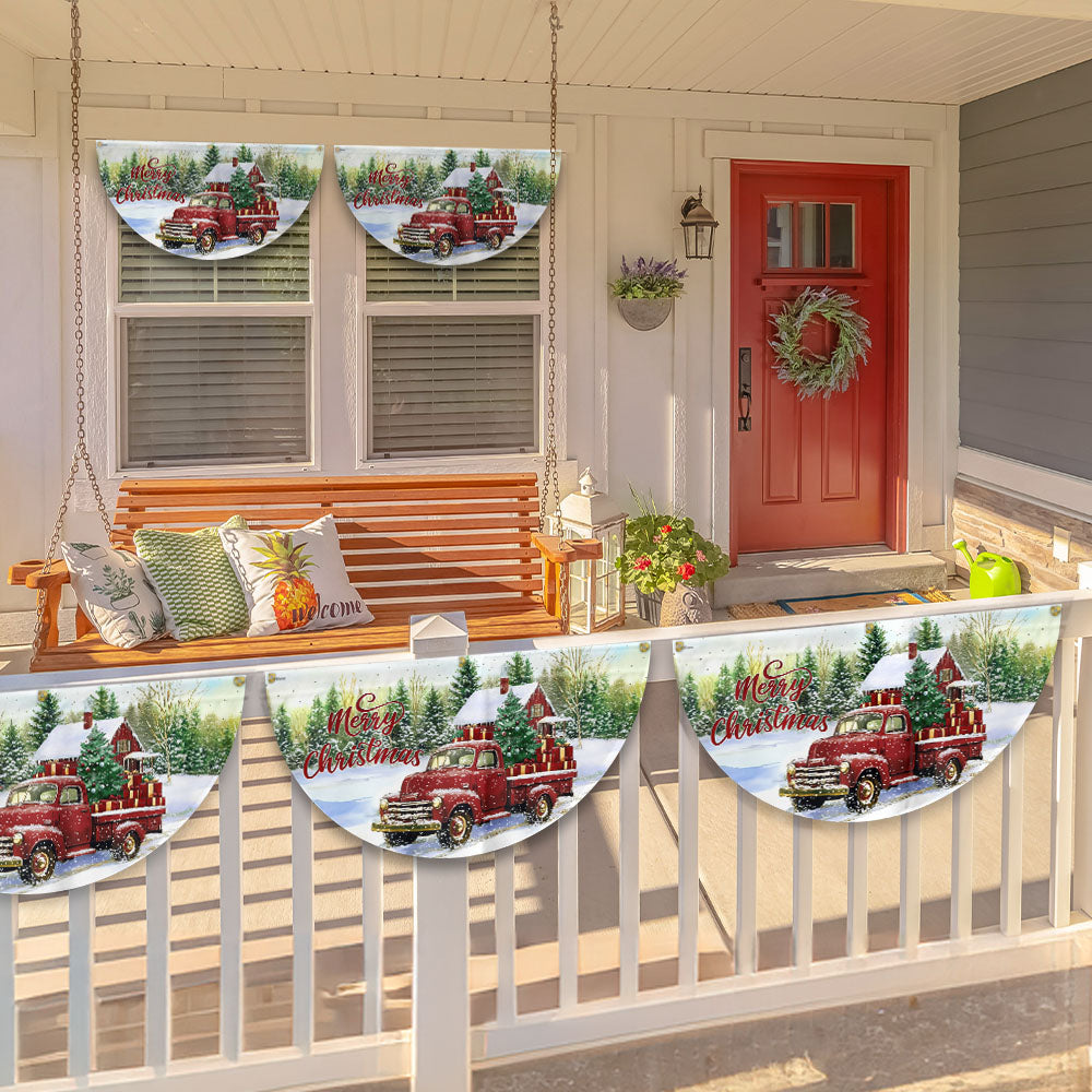 Red Pickup Truck Merry Christmas Non-Pleated Fan Flag