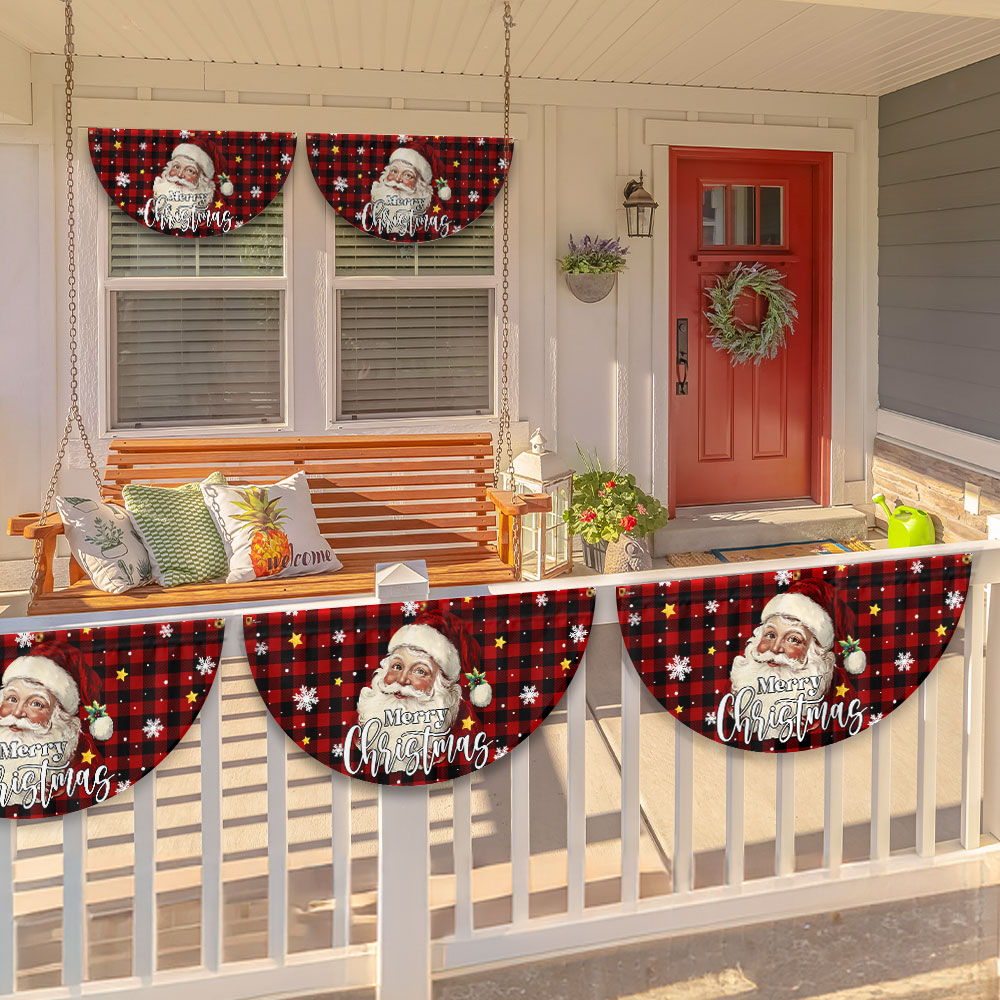 Santa Claus Merry Christmas Plaid Non-Pleated Fan Flag
