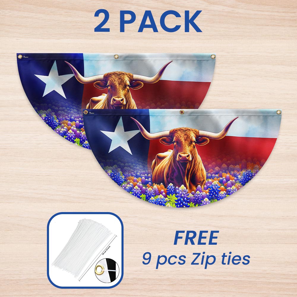 Texas Longhorn Cattle Bluebonnet Non-Pleated Fan Flag