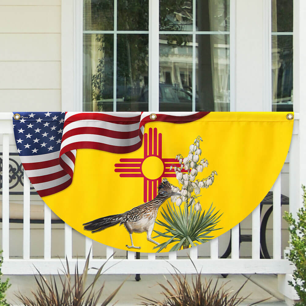 New Mexico State Roadrunner Bird and Yucca Flower Non-Pleated Fan Flag