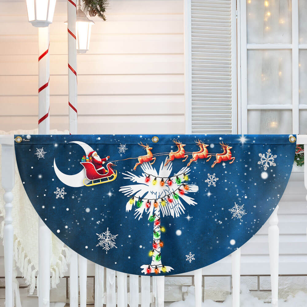 South Carolina Christmas Fan Flag - Santa & Palm Tree Non-Pleated Décor - 3-Day Shipping