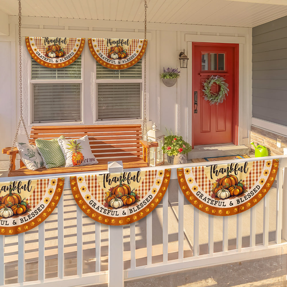 Fall Thanksgiving Pumpkins Harvest Thankful Grateful & Blessed Non-Pleated Fan Flag