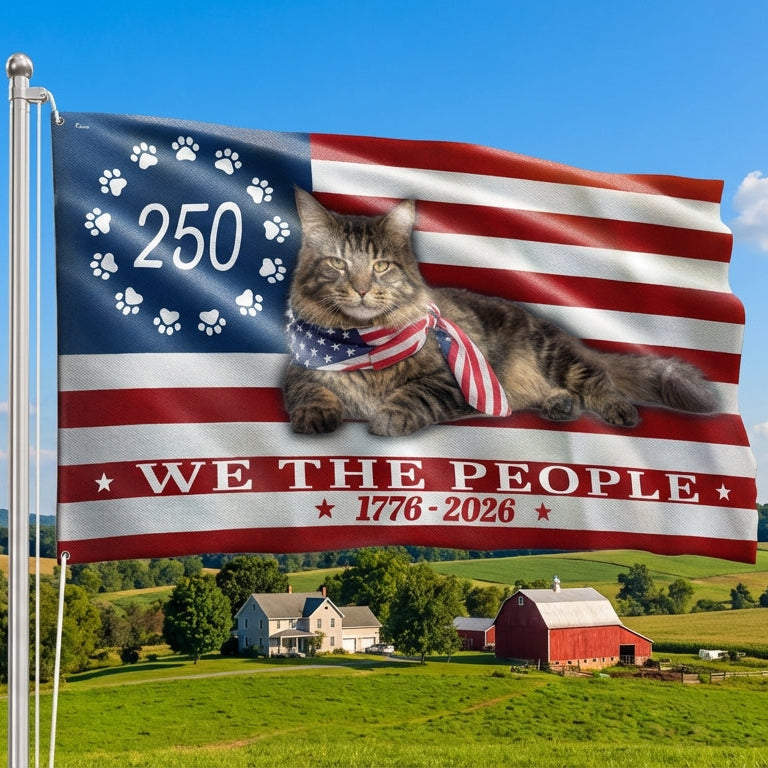 Patriotic Cat Flag, 250 Years Maine Coon Cat 1776 2026 Grommet Flag