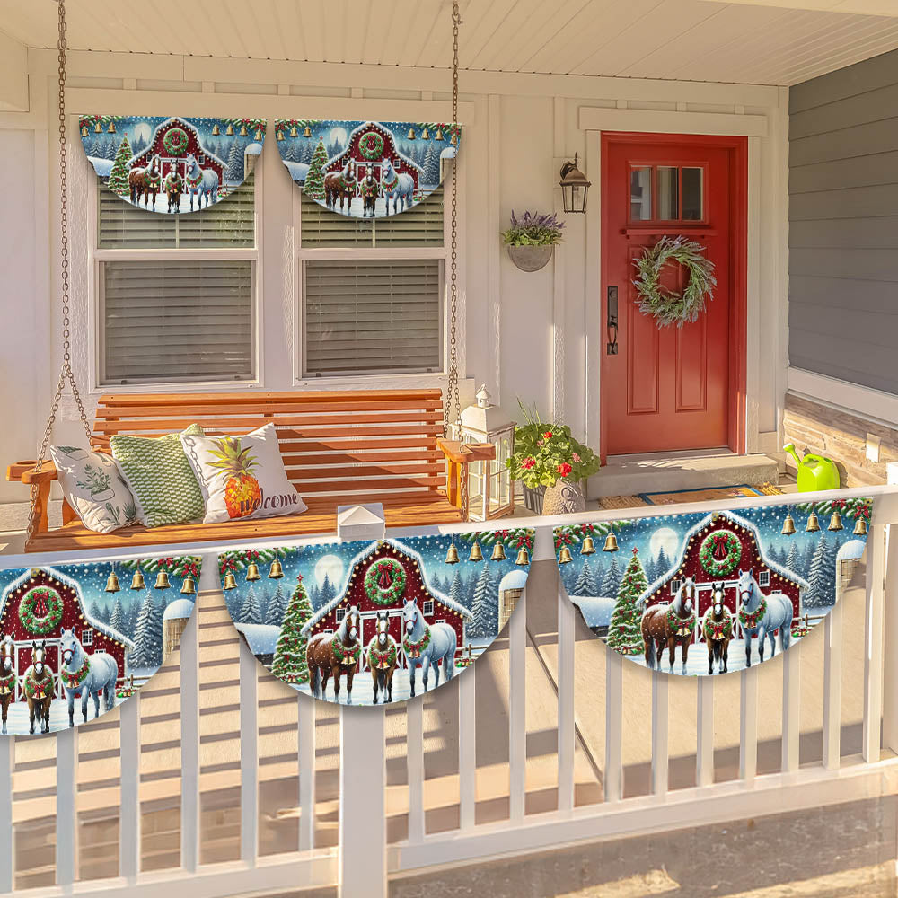 Horse Christmas Holiday Festive Farm Red Barn Non-Pleated Fan Flag