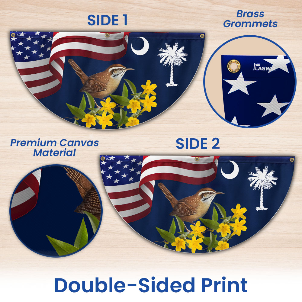 South Carolina Yellow Jessamine Flower and Carolina Wren Bird Non-Pleated Fan Flag 3-Day Shipping