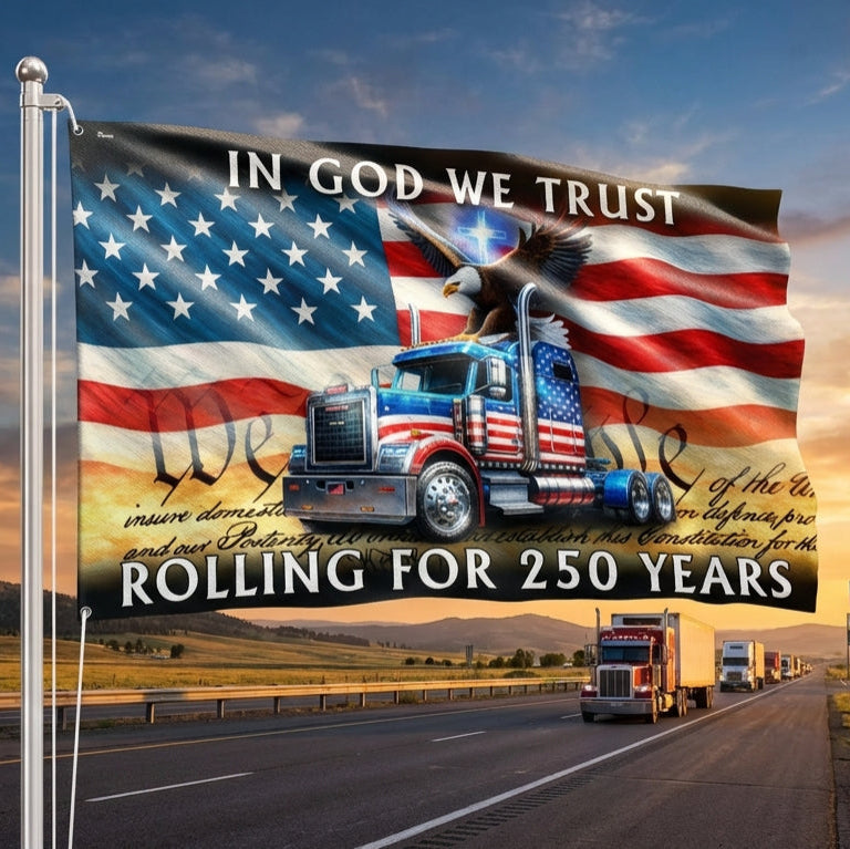 250 Years America Rolling American Grommet Flag, Truck Driver Christ Patriotic Decor