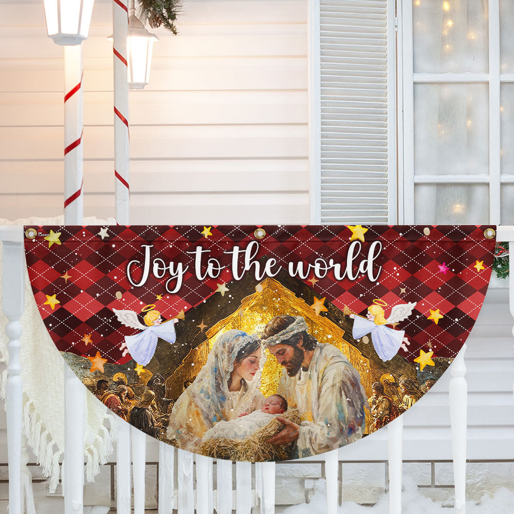 Holy Family Nativity Fan Flag - 'Joy to the World' Non-Pleated Christmas Décor - 3-Day Shipping