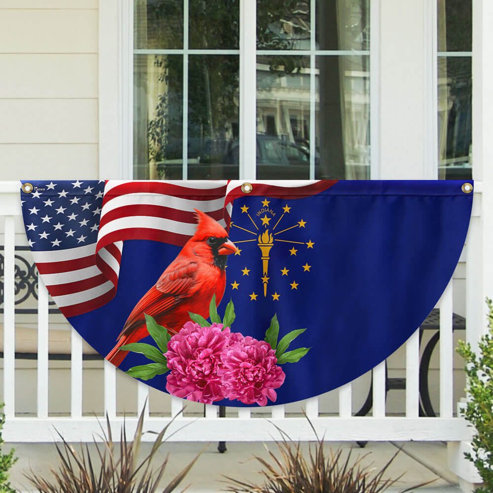 Indiana State Cardinal and Peony Flower Non-Pleated Fan Flag