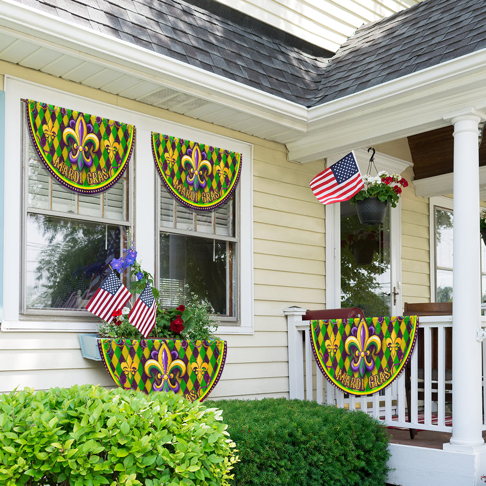Happy Mardi Gras Fleur De Lis Non-Pleated Fan Flag
