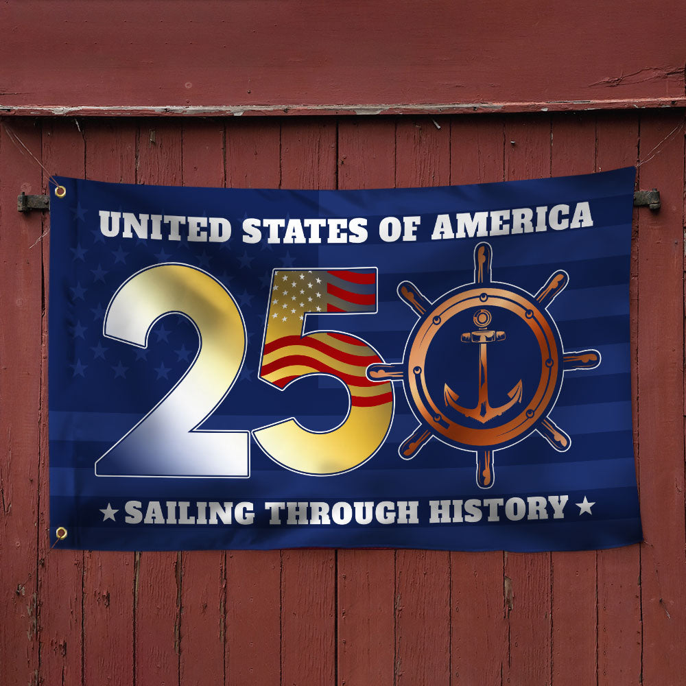 USA 250th Sailing Through History Grommet Flag for Patriotic Navy Decor