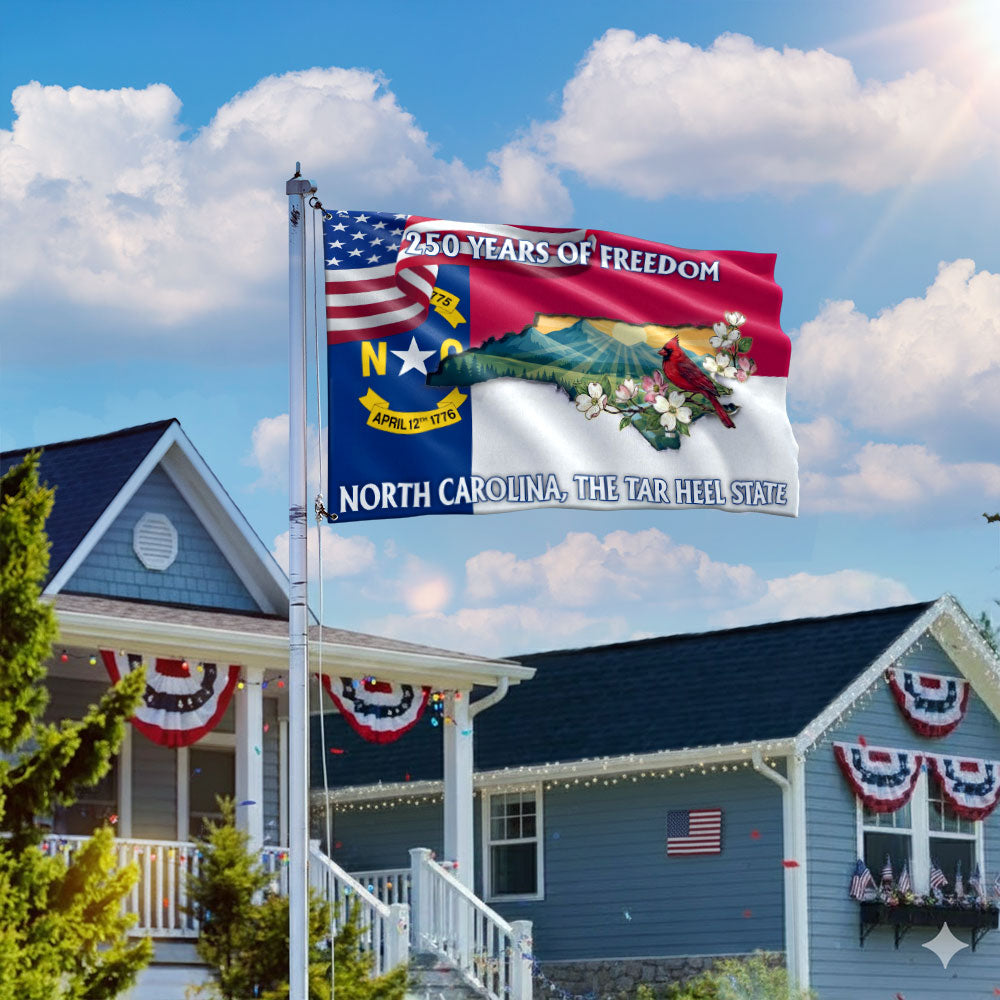 NC Patriotic Grommet Flag, 250 Years North Carolina Tar Heel State Cardinal Dogwood Flower Decor