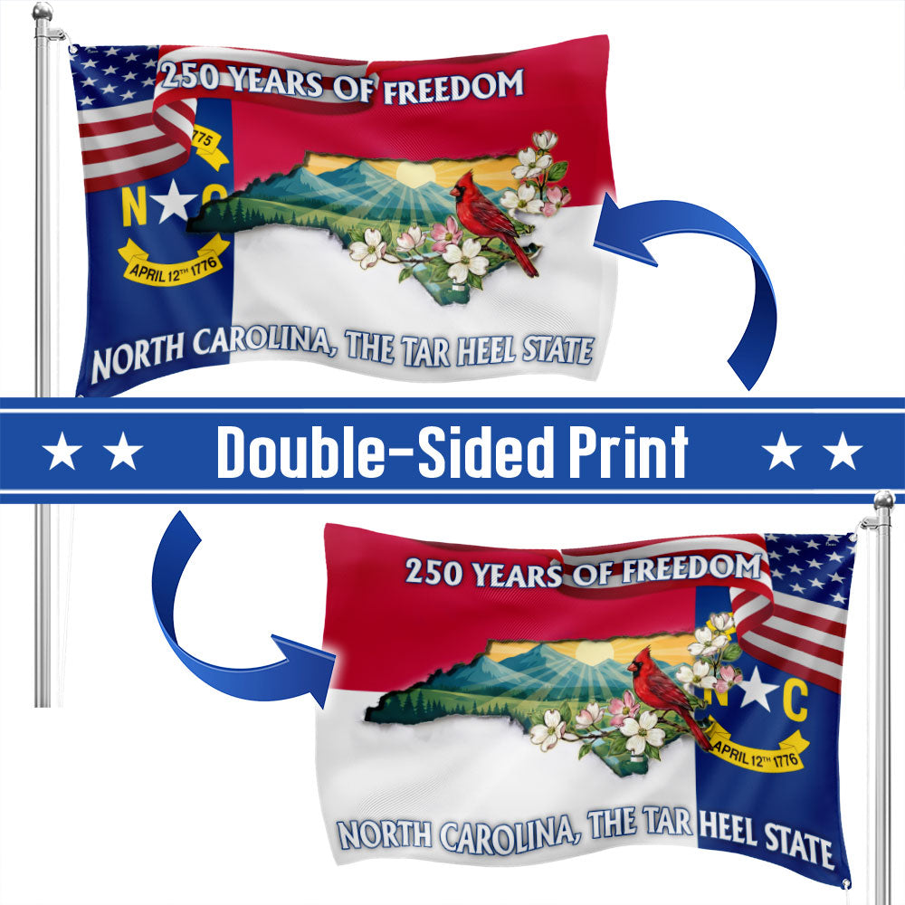 NC Patriotic Grommet Flag, 250 Years North Carolina Tar Heel State Cardinal Dogwood Flower Decor