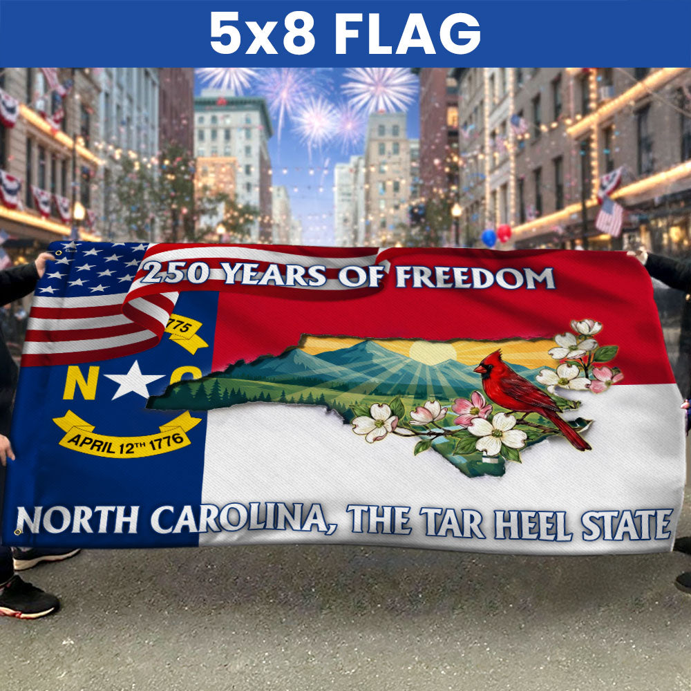 NC Patriotic Grommet Flag, 250 Years North Carolina Tar Heel State Cardinal Dogwood Flower Decor