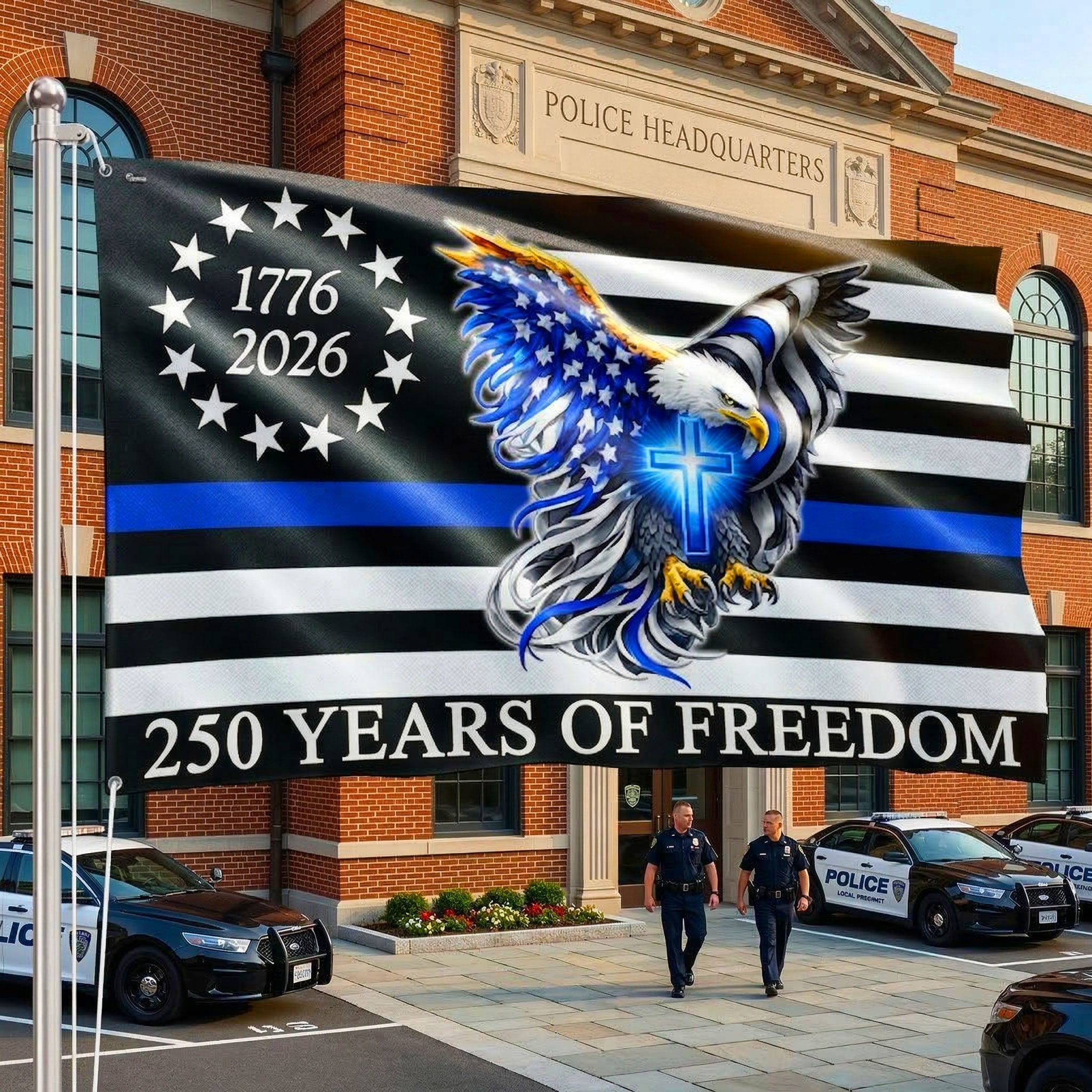 The Thin Blue Line Police Law Enforcement American Grommet Flag for 250 Years Decor