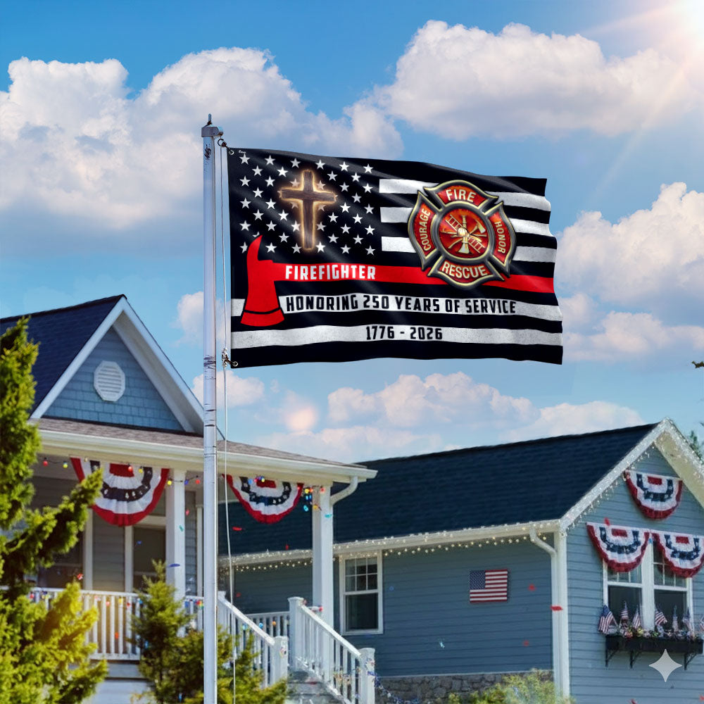 Patriotic Firefighter Cross Grommet Flag, Honoring 250 Years American Flag