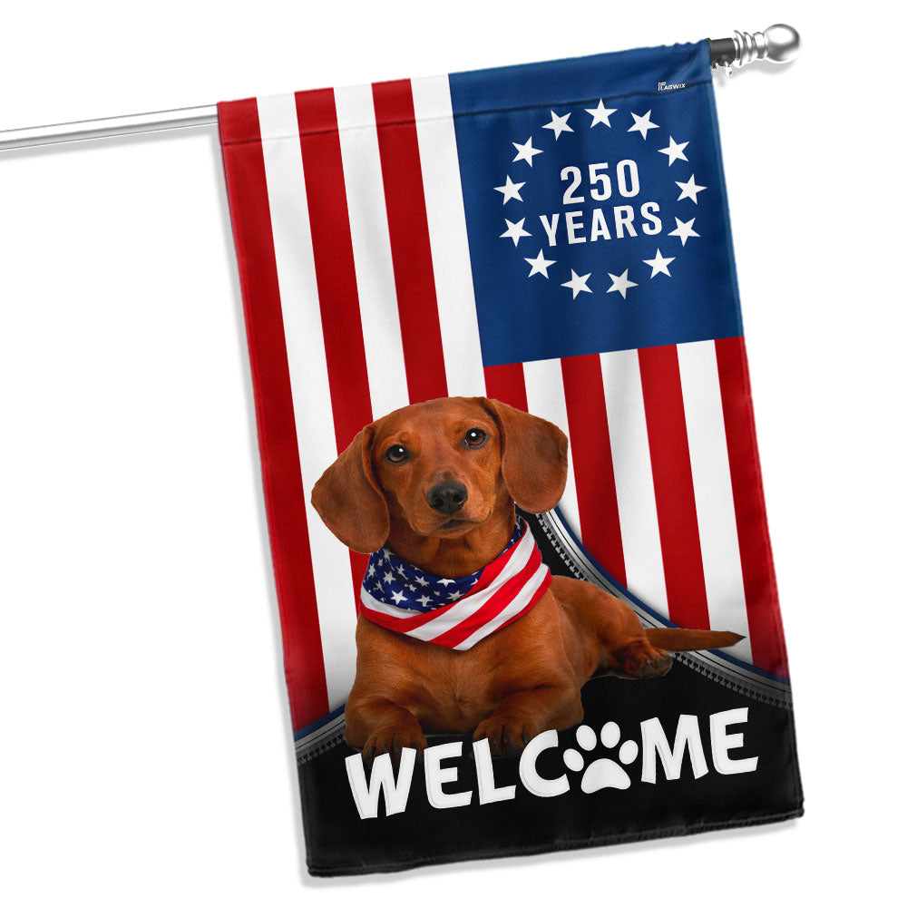 Patriotic Welcome Dog Garden Flag, 250 Years Dachshund Betsy Ross Flag Decor