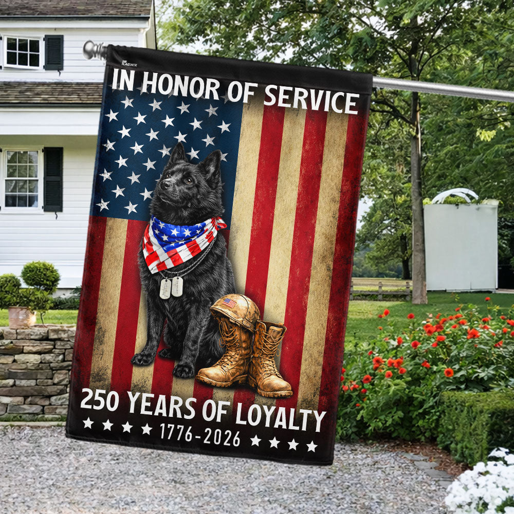 250 Years Patriotic Dog American Garden Flag, US Veteran Schipperke Dog Flag