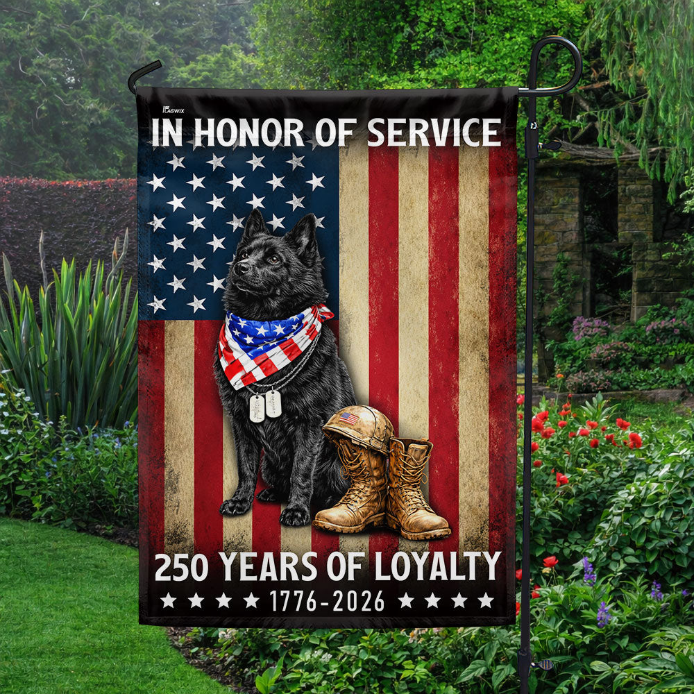 250 Years Patriotic Dog American Garden Flag, US Veteran Schipperke Dog Flag