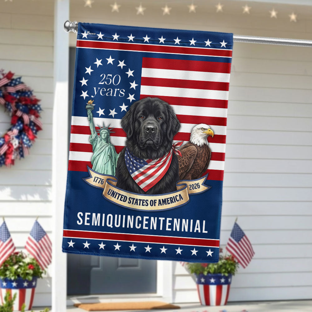 Patriotic Newfoundland Dog Garden Flag, 250 Years American Flag Decor