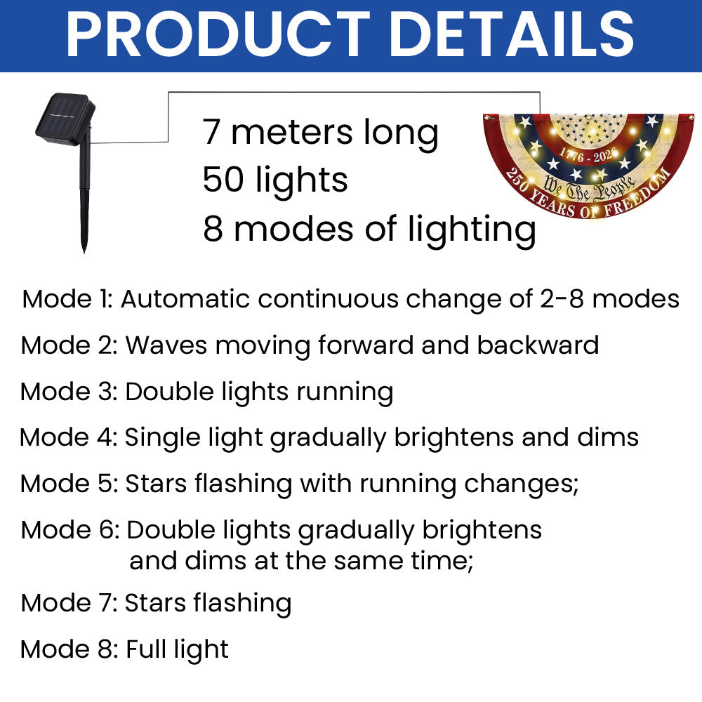 Patriotic American Fan Flag, 250 Years of Freedom 1776 2026 Solar Led Flag Decor