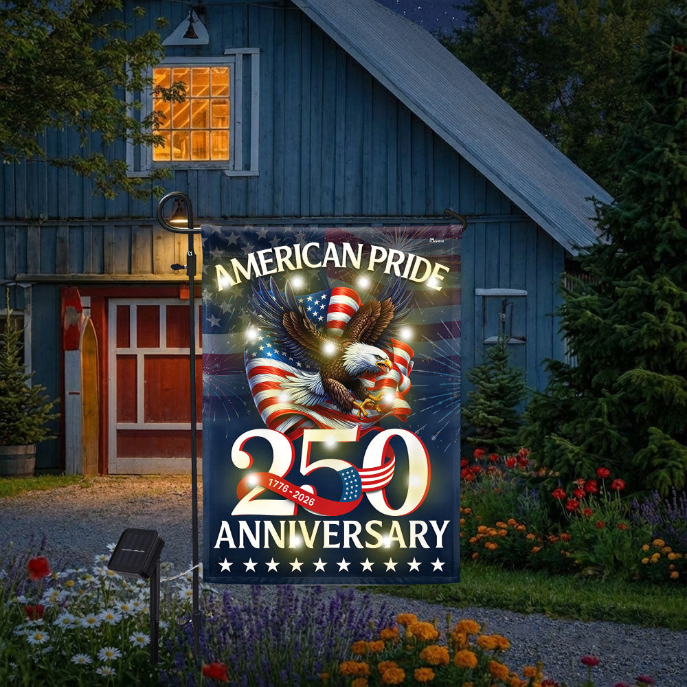 American Pride Flag Decor, Patriotic 250th Anniversary Eagle 1776–2026 Solar LED Flag